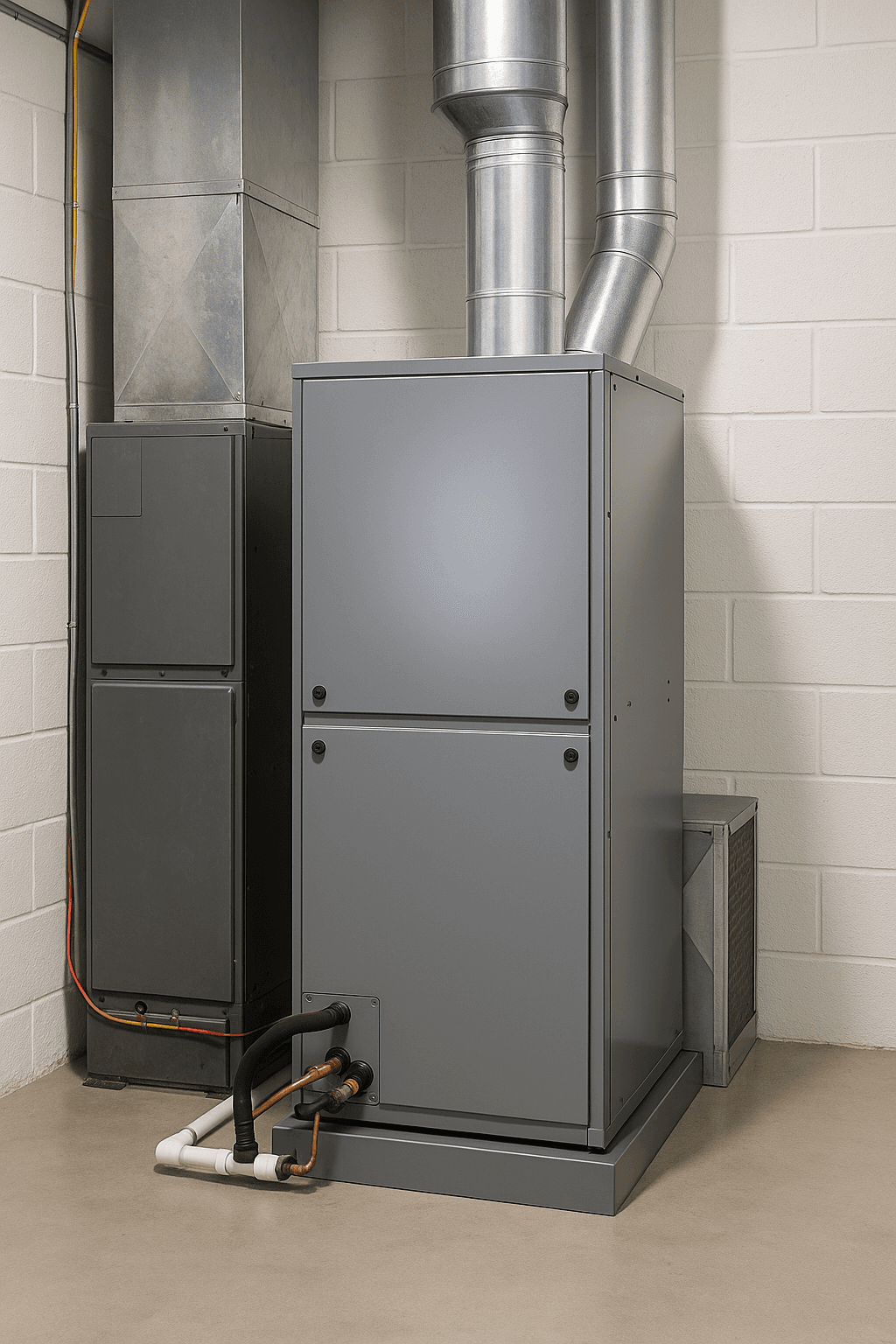 Modern gray HVAC air handler with ductwork and lines in a clean utility room