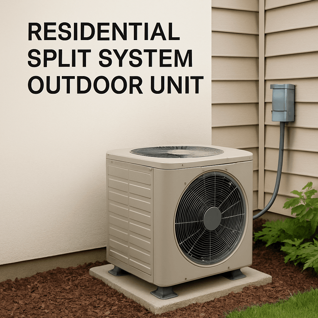 Beige residential outdoor AC condenser on a concrete pad beside a home with horizontal siding