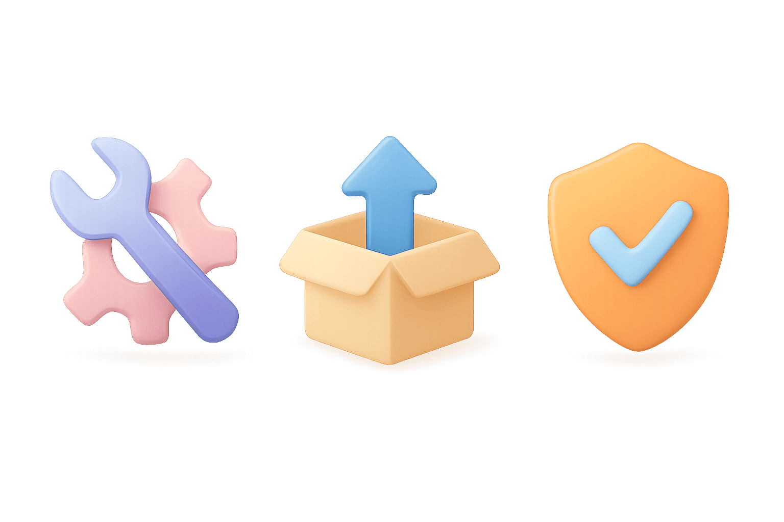 Soft 3D icons suggesting HVAC repair, installation, and protection on a dark background